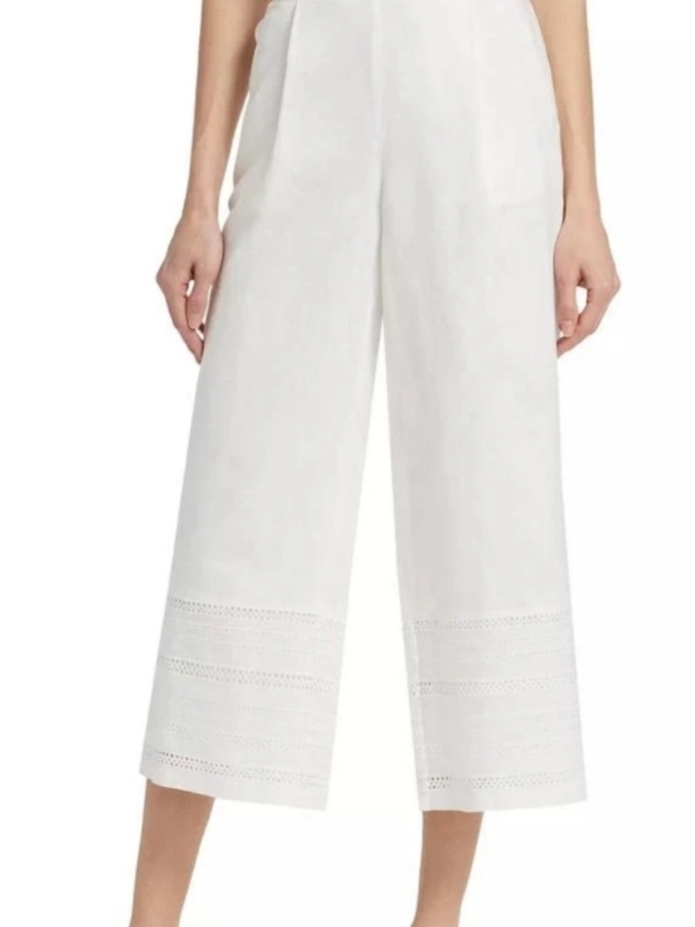 Elie Tahari White Cropped Wide-Leg Eyelet Hem Pants XL